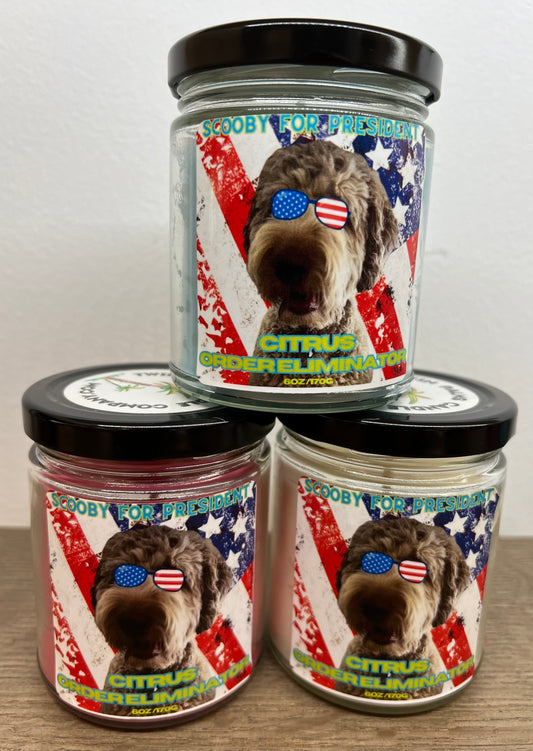 SCOOBY FOR PRESIDENT CITRUS ELIMINATOR ODER CANDLE IN RED, WHITE OR BLUE