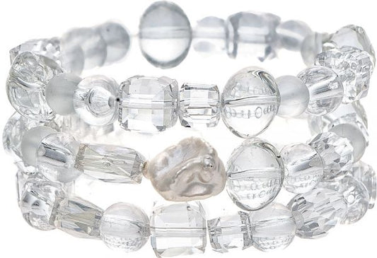 White Clear Freshwater Pearl Chunky Ice Three Piece Bracelet Set