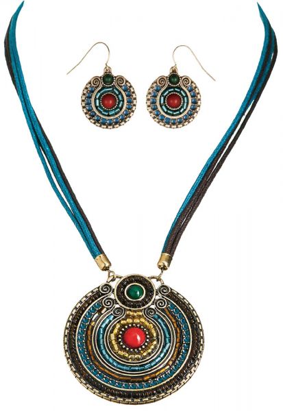 Gold Teal Brown Medallion on Teal Cord Necklace Set