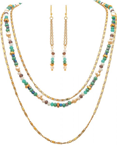 Gold 3 Layer Blue White Bead Necklace Set