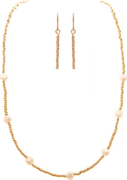Gold Seed Bead White Pearl Necklace Set