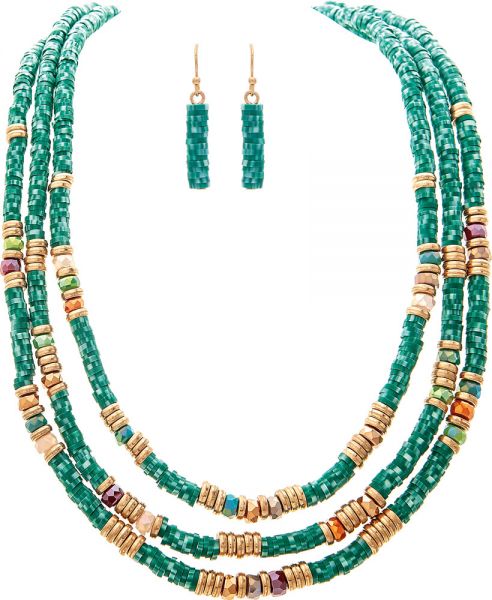 Gold Teal Multi Disc Beads Necklace Set